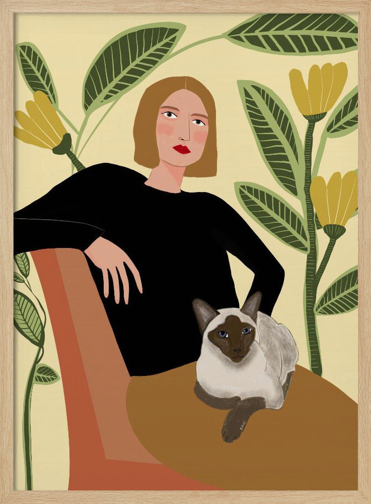 Dame mit Pflanzen und Katze | Poster