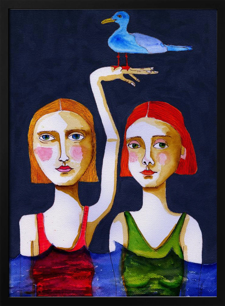 Schwimmende Mädchen mit blauer Möwe. | Poster