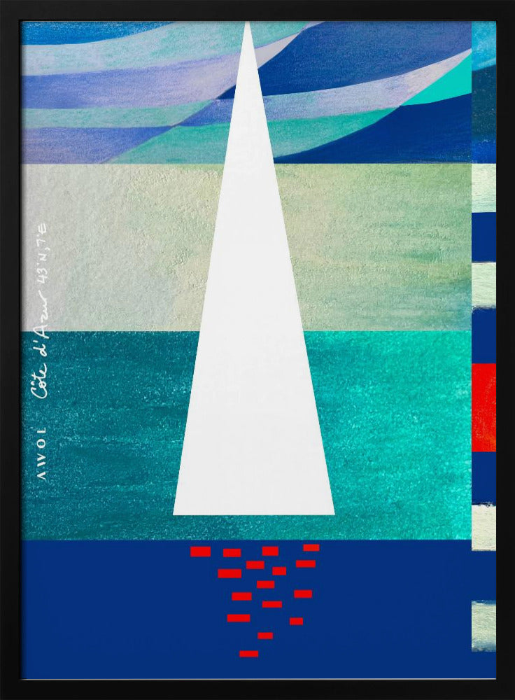 Abstraktes Segelboot an der französischen Riviera, farbenfroher Côte d'Azur-Kunstdruck | Poster