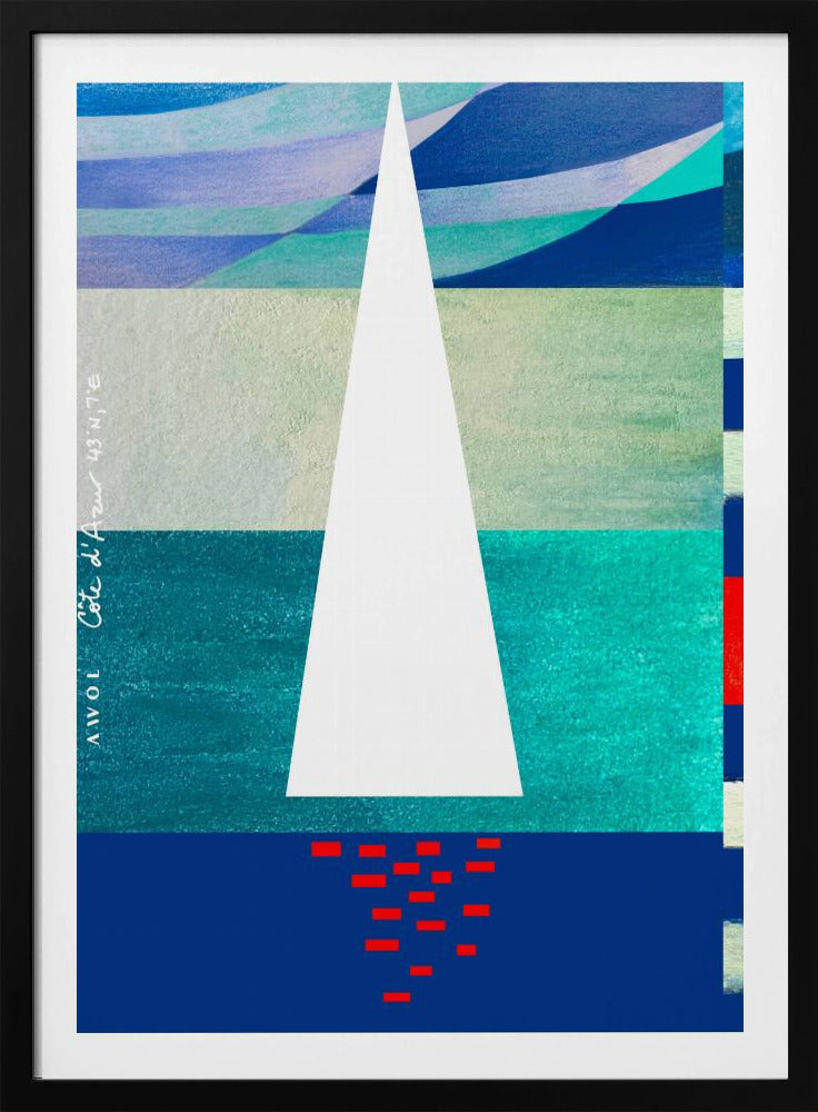 Abstraktes Segelboot an der französischen Riviera, farbenfroher Côte d'Azur-Kunstdruck | Poster