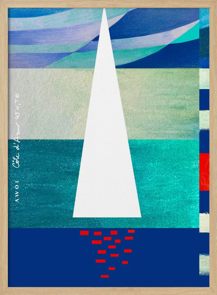 Abstraktes Segelboot an der französischen Riviera, farbenfroher Côte d'Azur-Kunstdruck | Poster