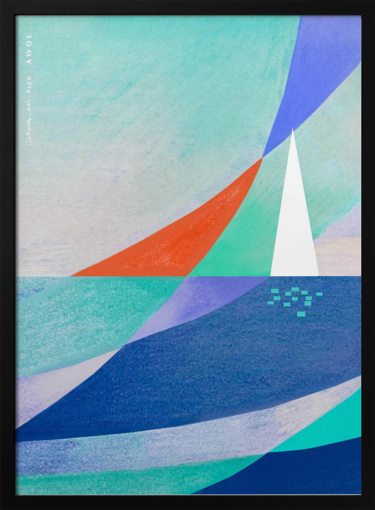 Abstrakte Ozeankunst mit minimalistischem weißen Segelboot auf dem Meer | Poster