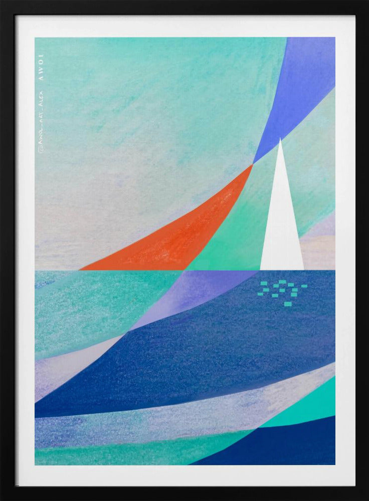 Abstrakte Ozeankunst mit minimalistischem weißen Segelboot auf dem Meer | Poster