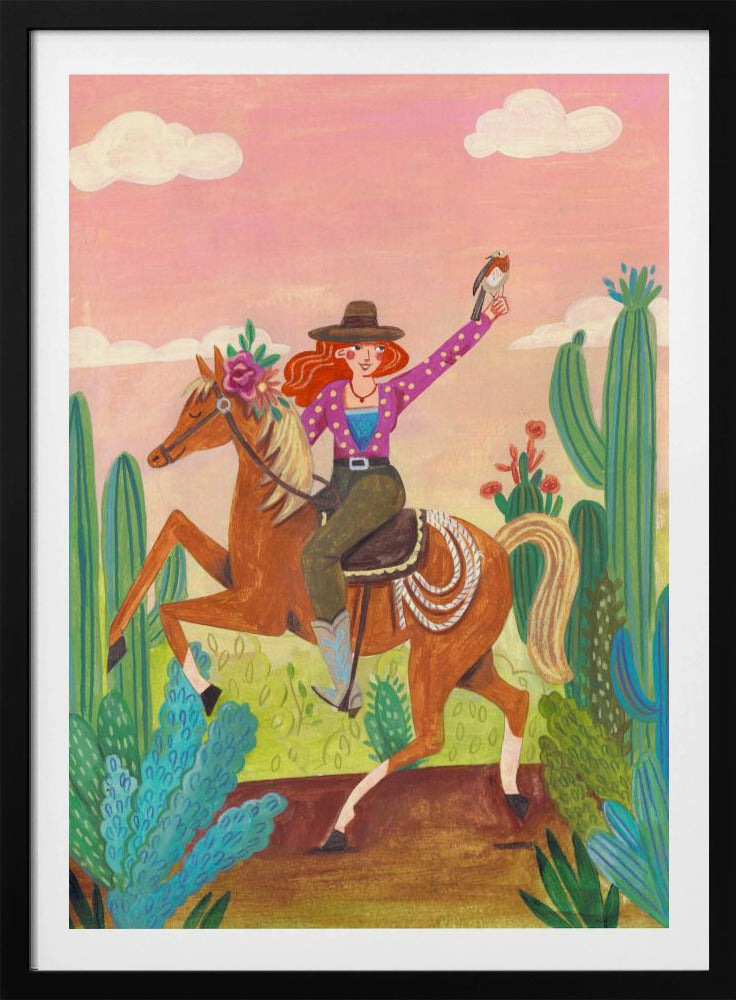 Cowgirl auf Pferd in der Wüste | Poster