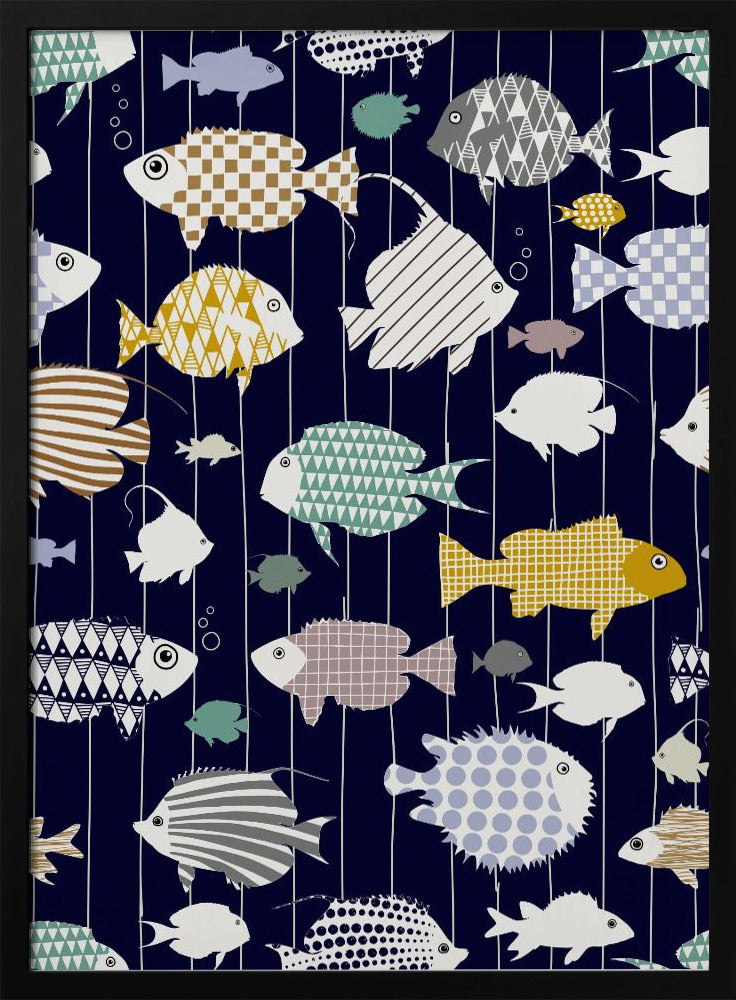 Frischer Fisch auf dunkelmarineblauem Muster | Poster