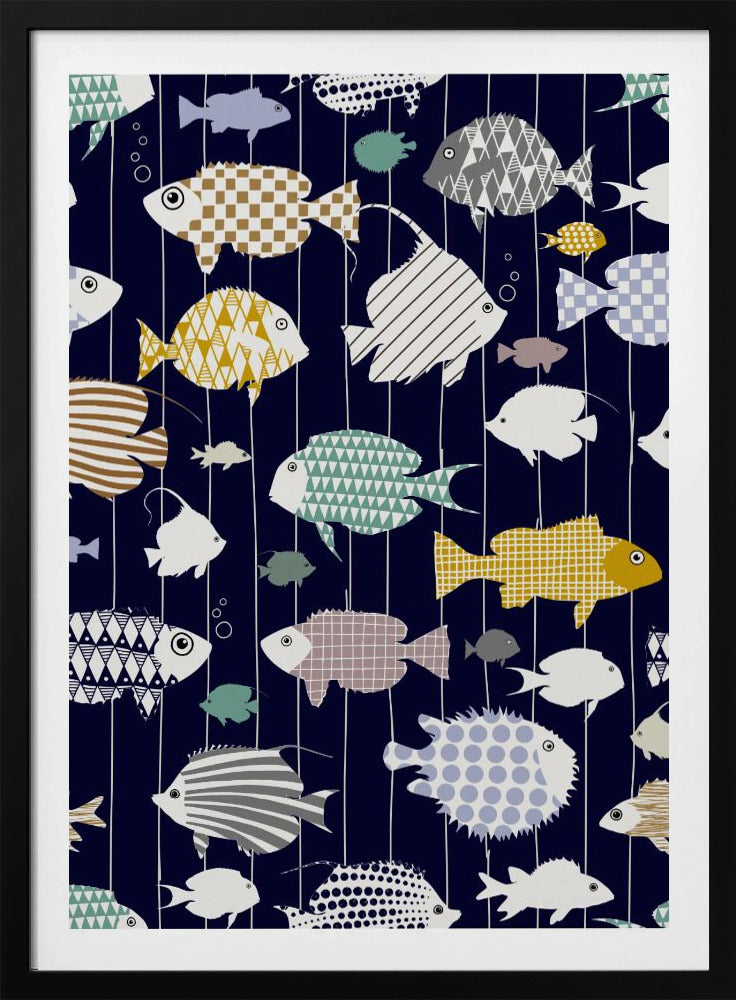 Frischer Fisch auf dunkelmarineblauem Muster | Poster