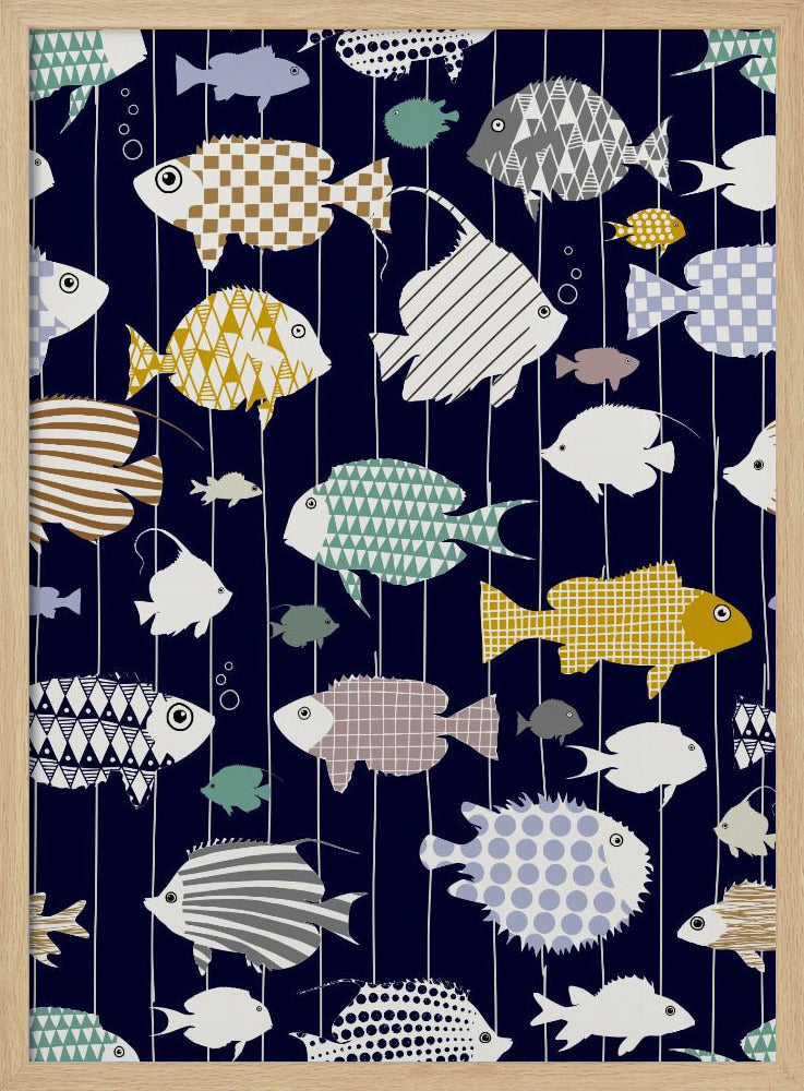 Frischer Fisch auf dunkelmarineblauem Muster | Poster