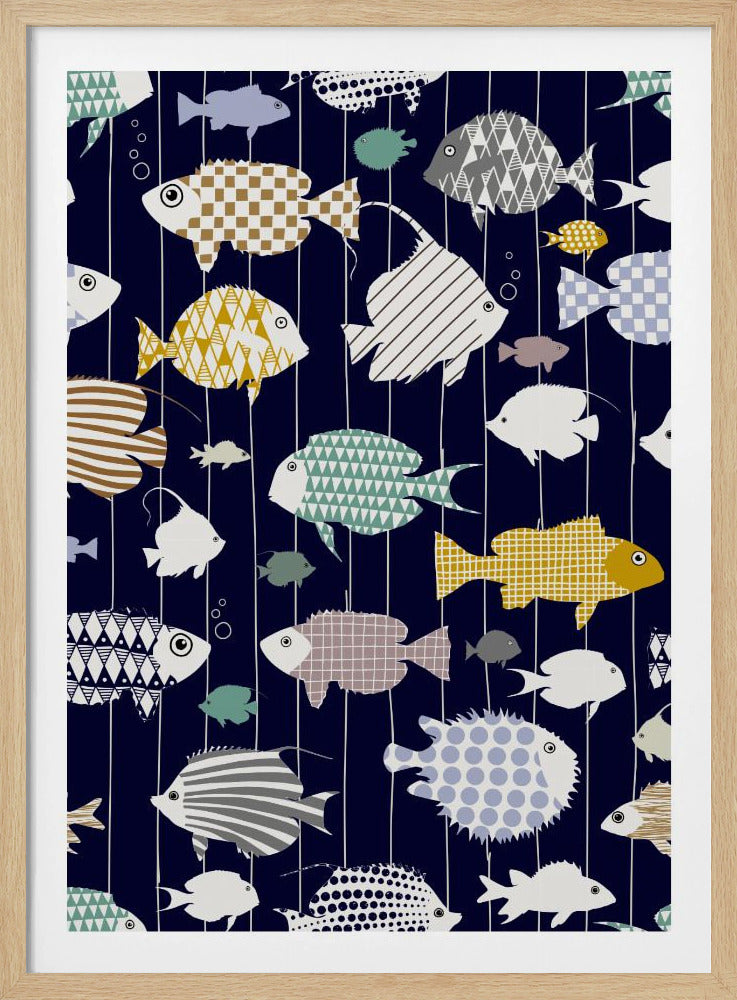 Frischer Fisch auf dunkelmarineblauem Muster | Poster