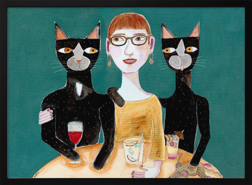 Dame mit ihren zwei schwarzen Katzen beim Trinken | Poster