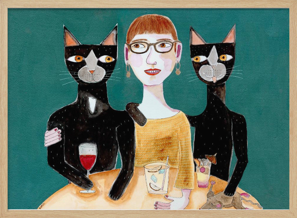 Dame mit ihren zwei schwarzen Katzen beim Trinken | Poster