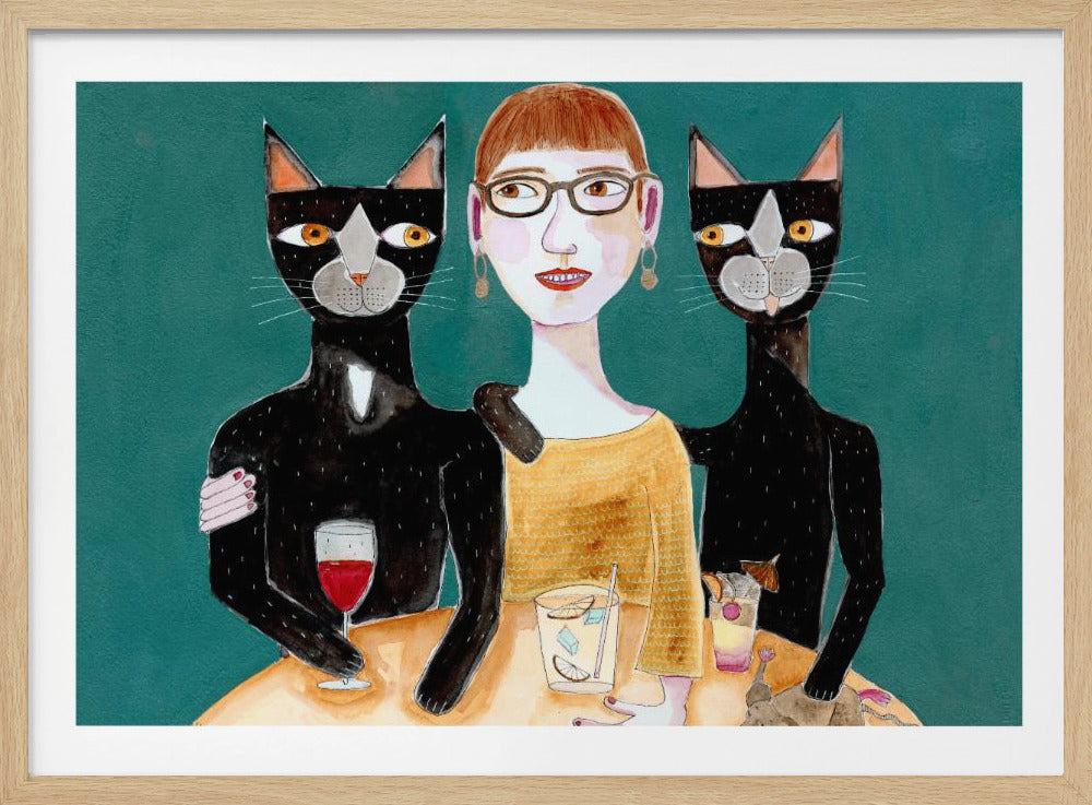 Dame mit ihren zwei schwarzen Katzen beim Trinken | Poster