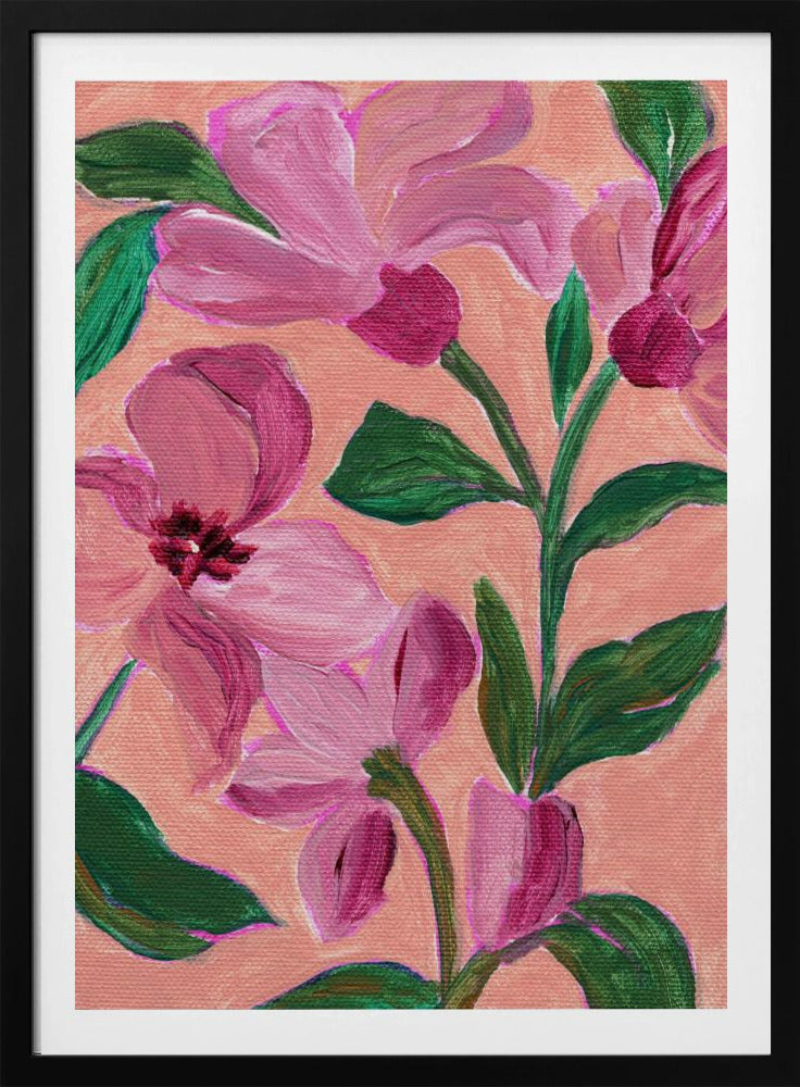 Rosa Blumen mit kräftigen grünen Blättern | Poster