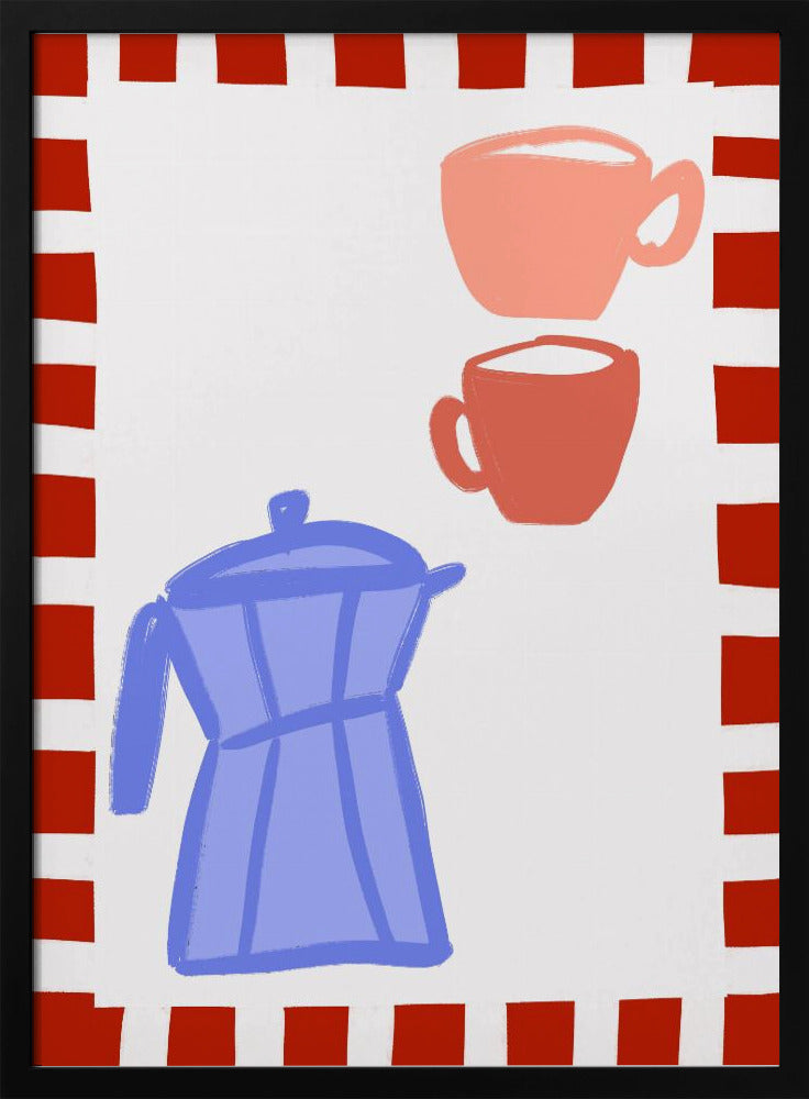 Minimalistische blaue Kaffeekanne und zwei rosa Tassen | Poster