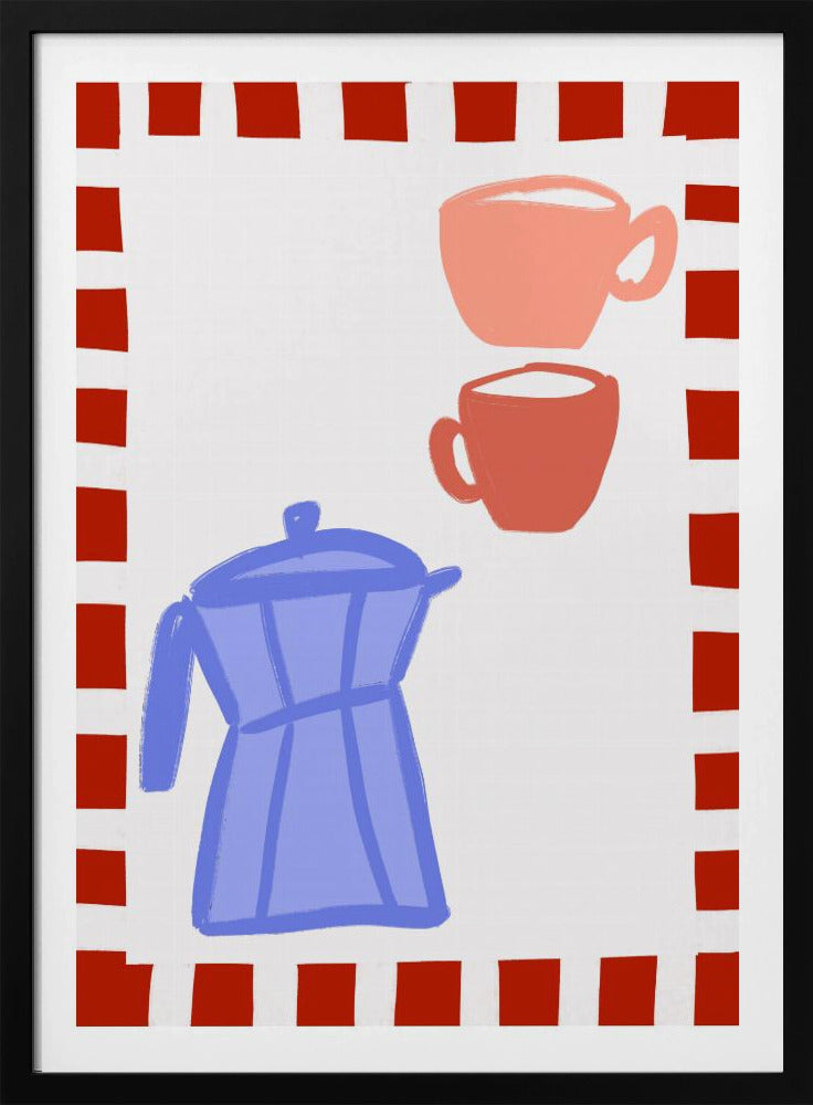 Minimalistische blaue Kaffeekanne und zwei rosa Tassen | Poster