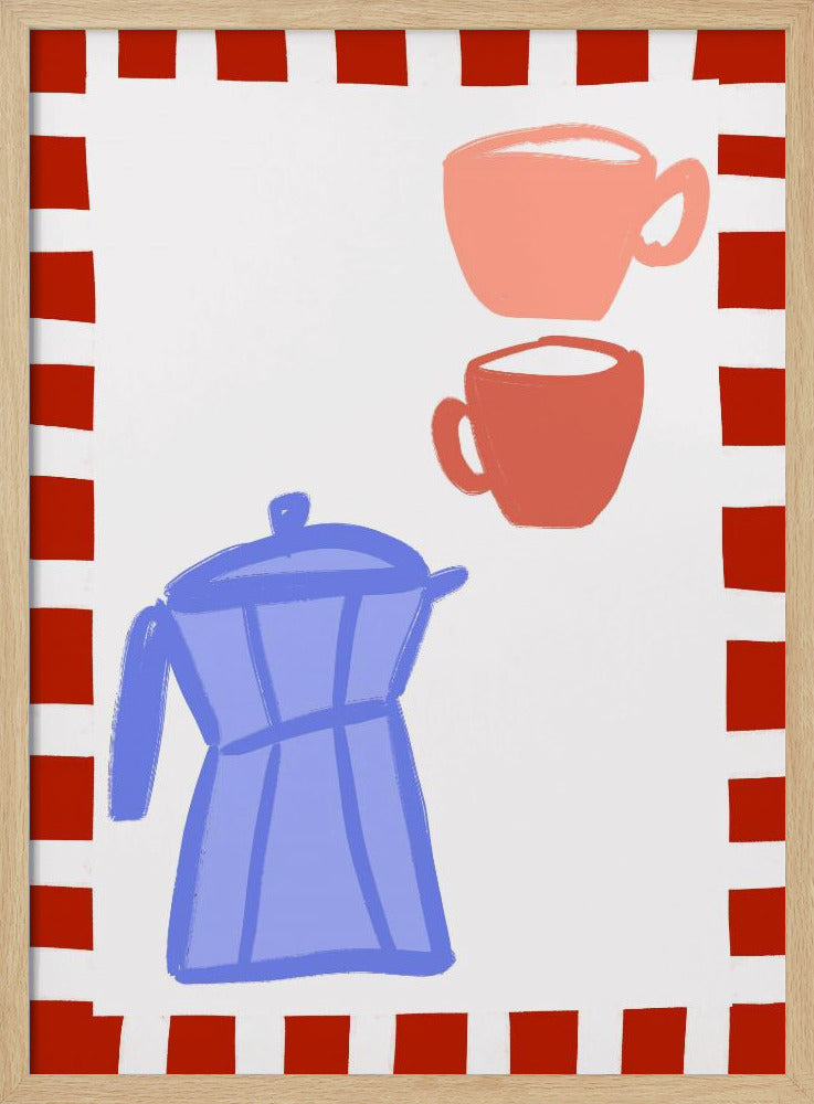 Minimalistische blaue Kaffeekanne und zwei rosa Tassen | Poster