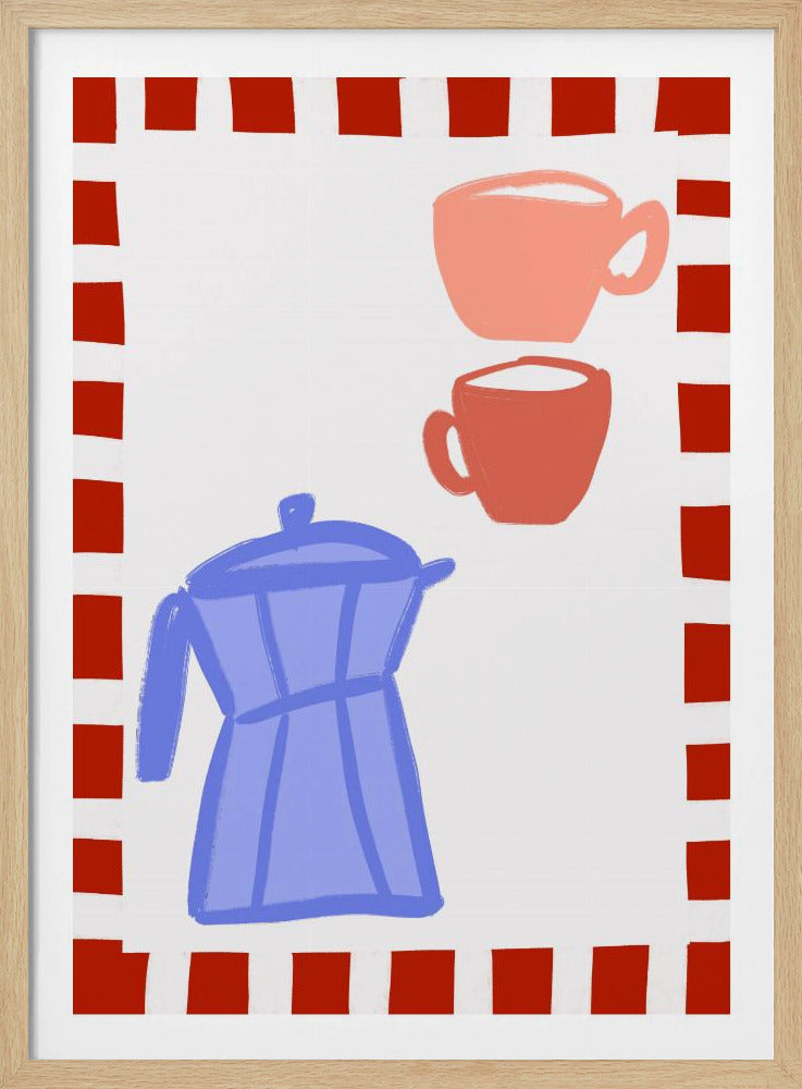 Minimalistische blaue Kaffeekanne und zwei rosa Tassen | Poster