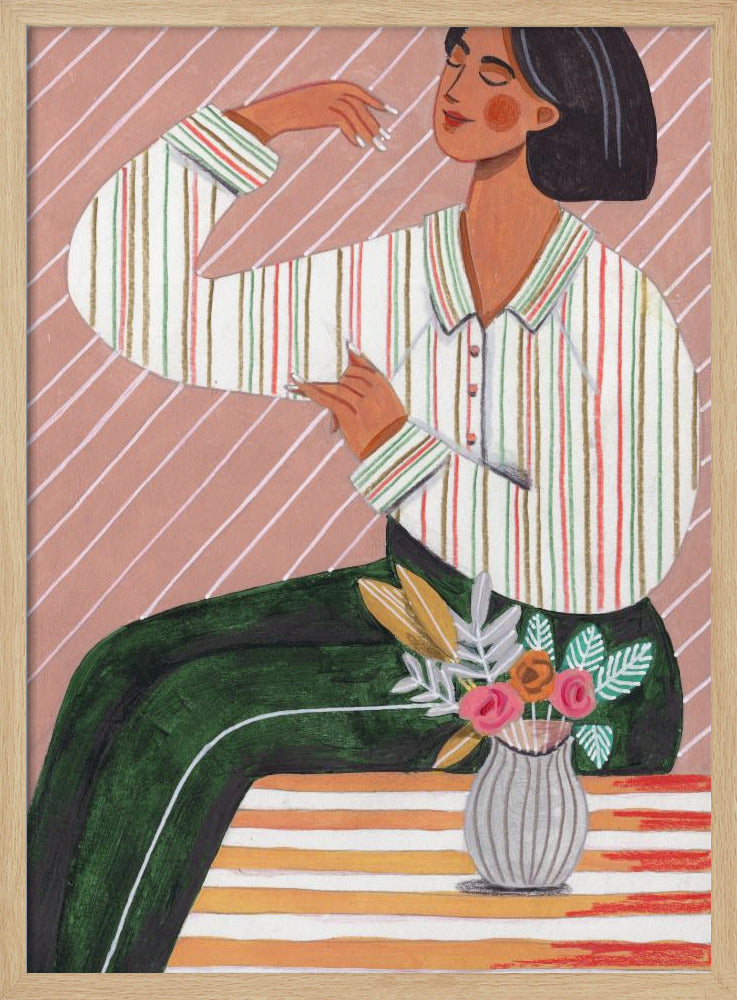 Woman in Stripes Shirt and Green Pants | Poster