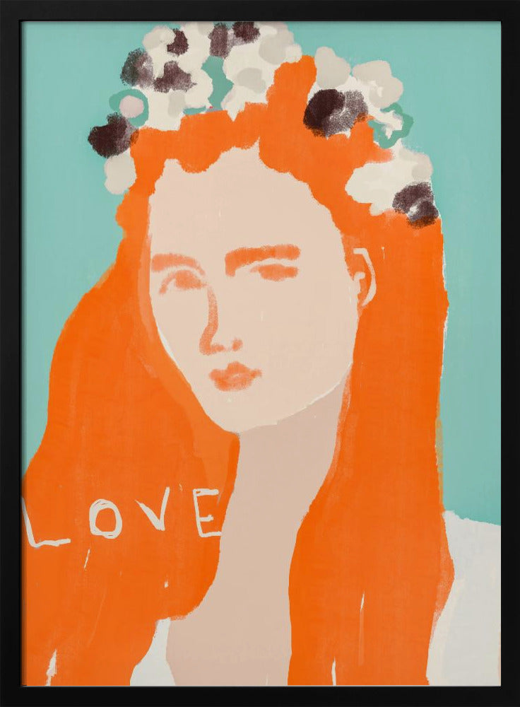 Frau mit orangefarbenem Haar, geschmückt mit Blumen | Poster