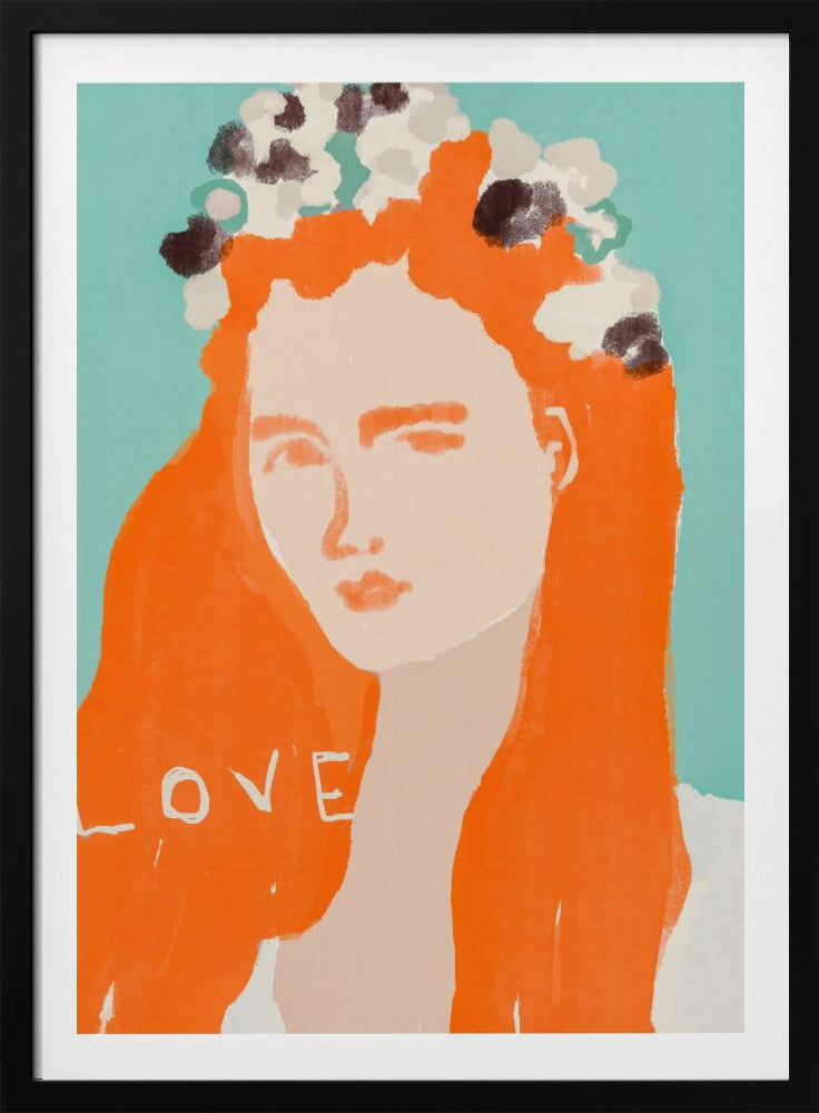 Frau mit orangefarbenem Haar, geschmückt mit Blumen | Poster