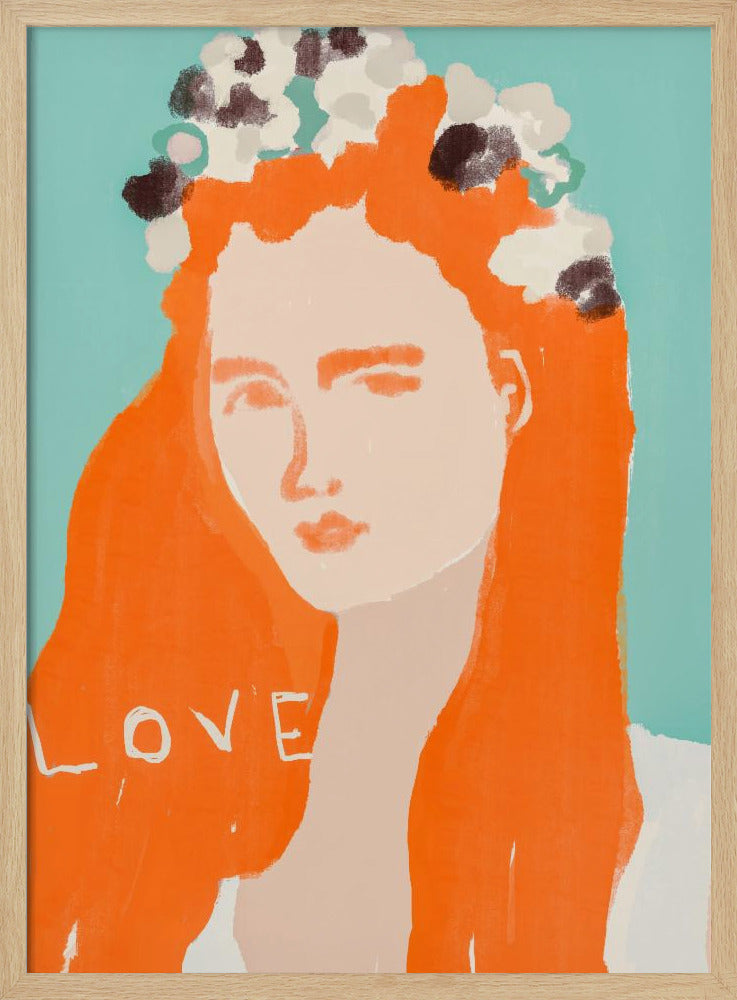 Frau mit orangefarbenem Haar, geschmückt mit Blumen | Poster