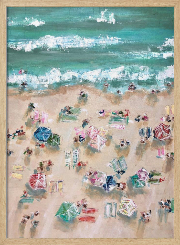 Bunte Sonnenschirme und Sonnenanbeter an einem Sandstrand | Poster
