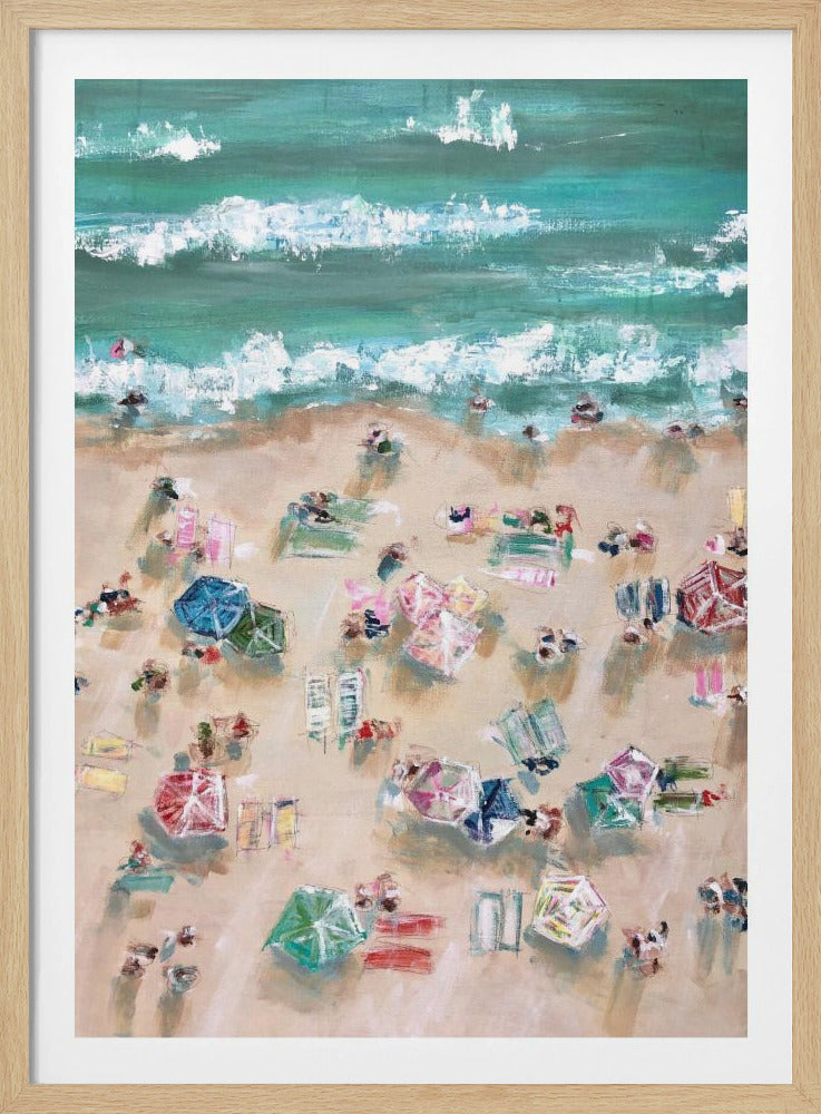 Bunte Sonnenschirme und Sonnenanbeter an einem Sandstrand | Poster