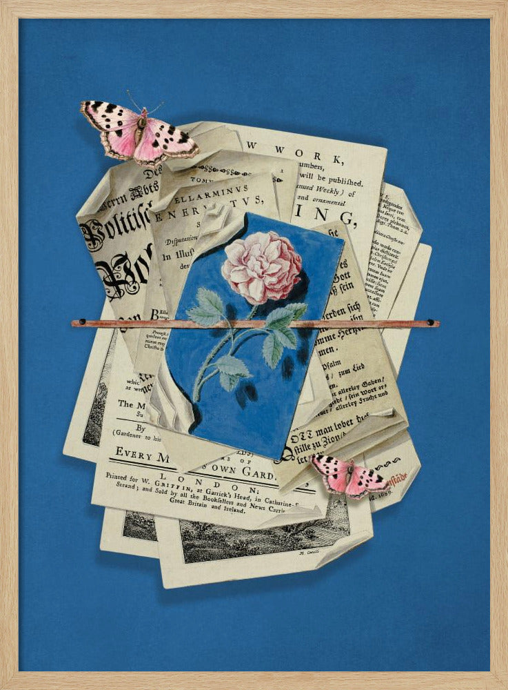 Rosa Rose umgeben von Vintage-Papier | Poster