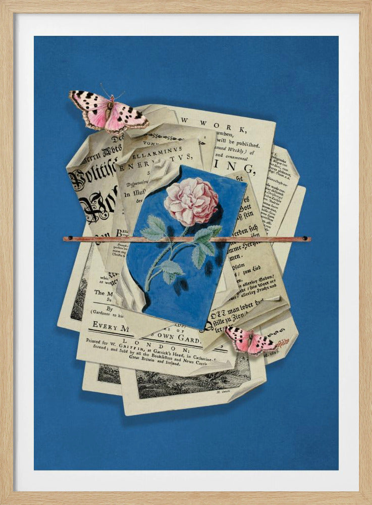 Rosa Rose umgeben von Vintage-Papier | Poster
