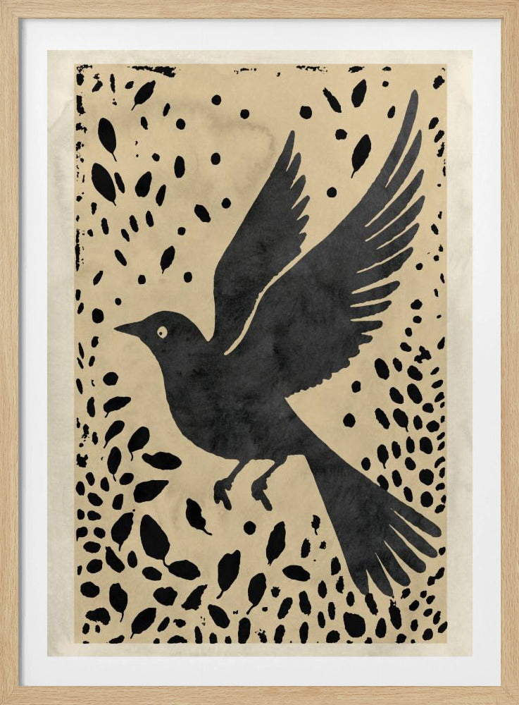 Vogel im Flug, umgeben von verstreuten Blättern | Poster