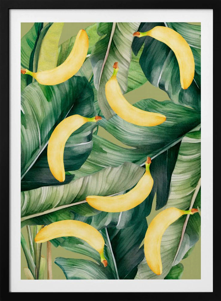 Fresh Banana & Lush Tropical Leaves Aesthetic Pattern - Natural Watercolor Design | Poster