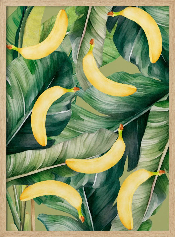 Fresh Banana & Lush Tropical Leaves Aesthetic Pattern - Natural Watercolor Design | Poster
