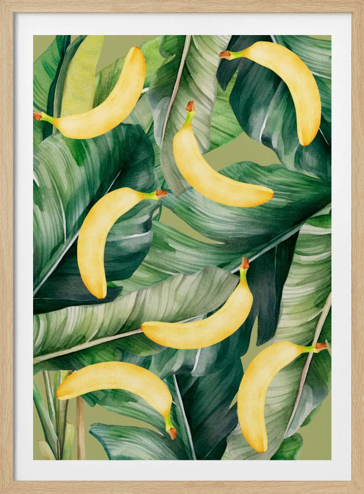 Fresh Banana & Lush Tropical Leaves Aesthetic Pattern - Natural Watercolor Design | Poster