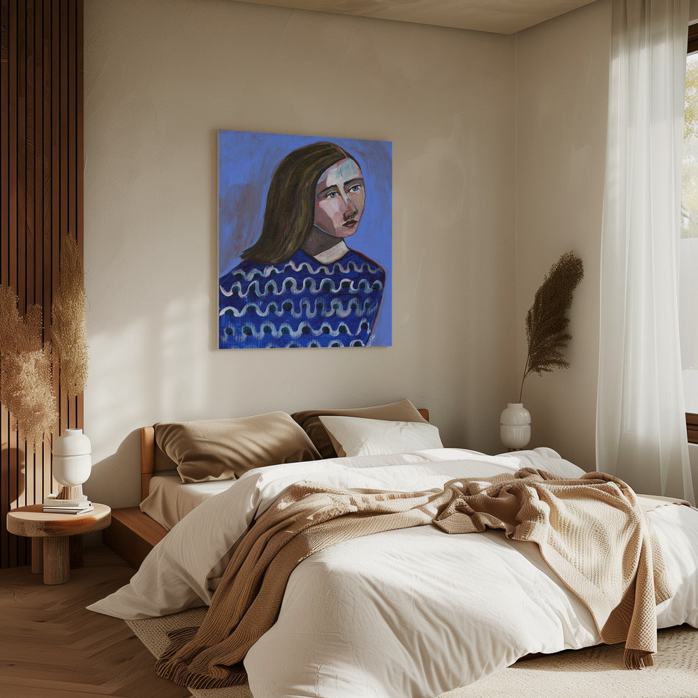 Frau im blauen Pullover Naives Porträt Figurativ | Leinwand