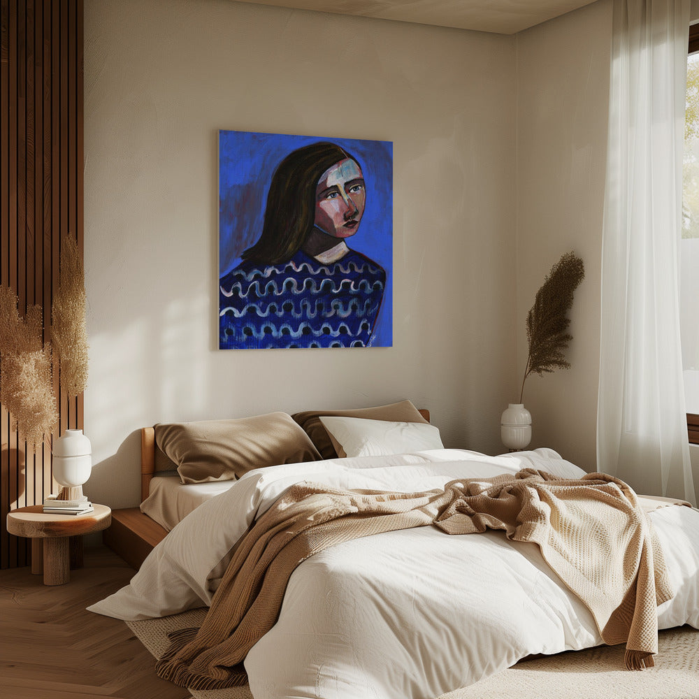 Frau im blauen Pullover Naives Porträt Figurativ | Leinwand