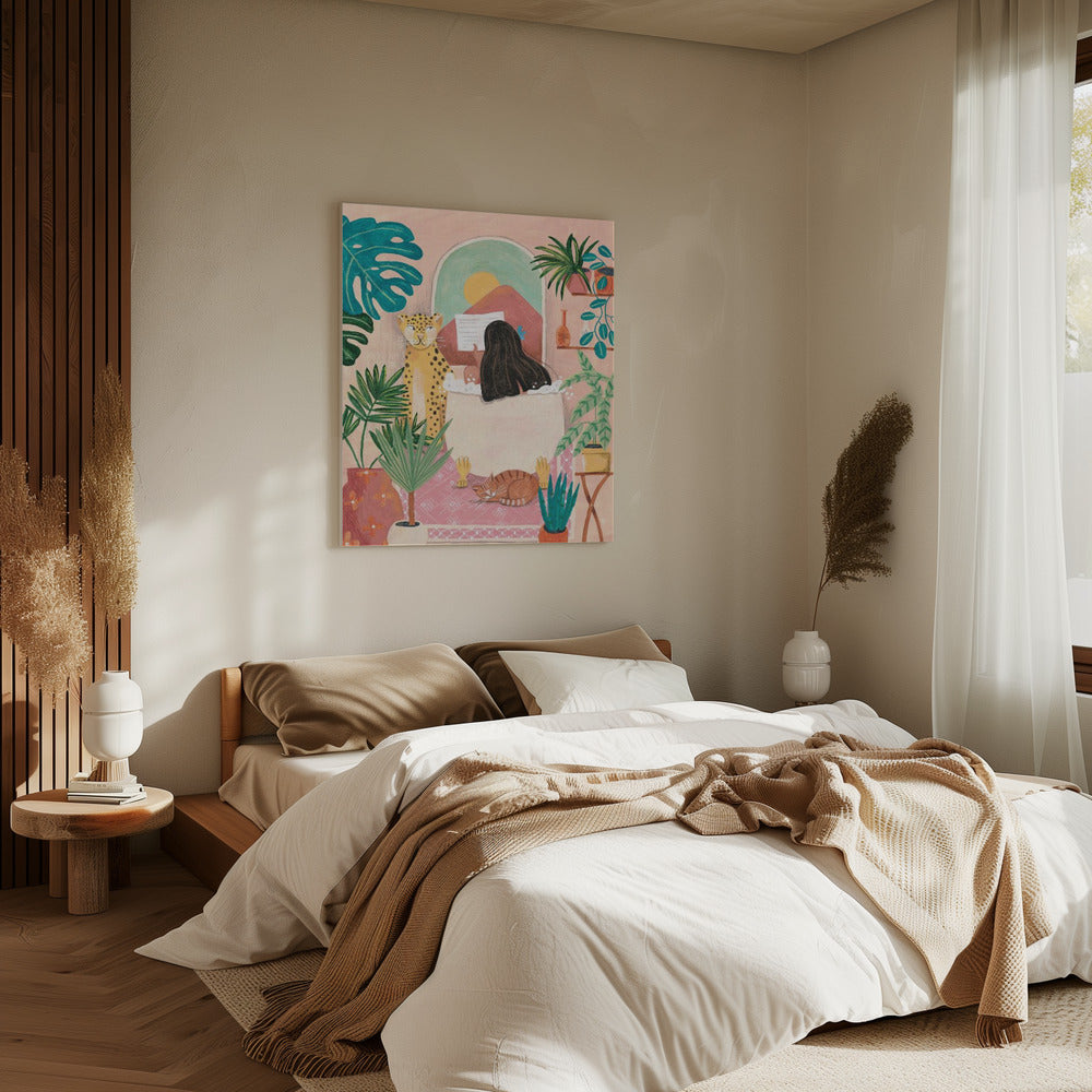 Frau badet in rosa tropischem Badezimmer | Leinwand