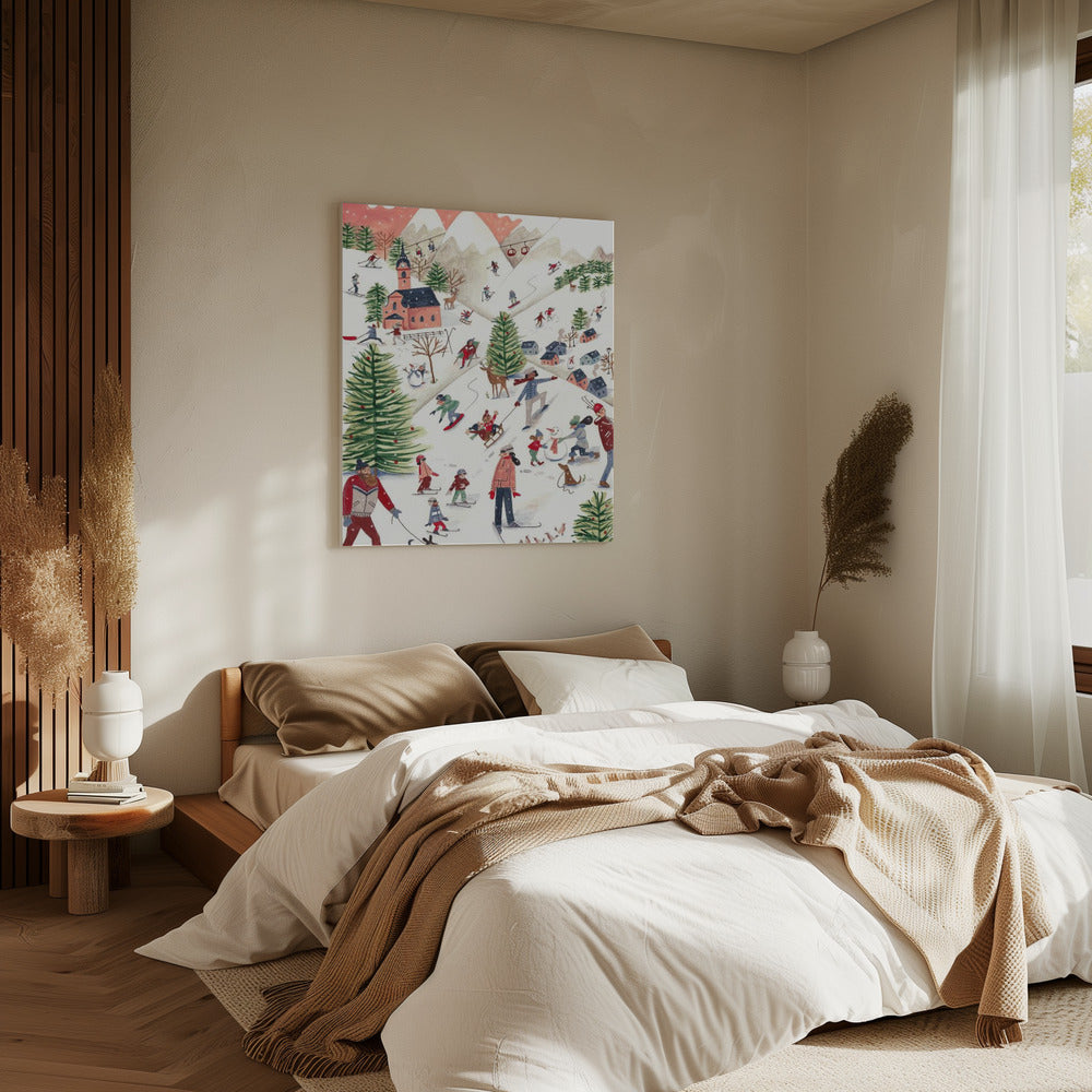 Berglandschaft mit Häusern im Schnee | Leinwand