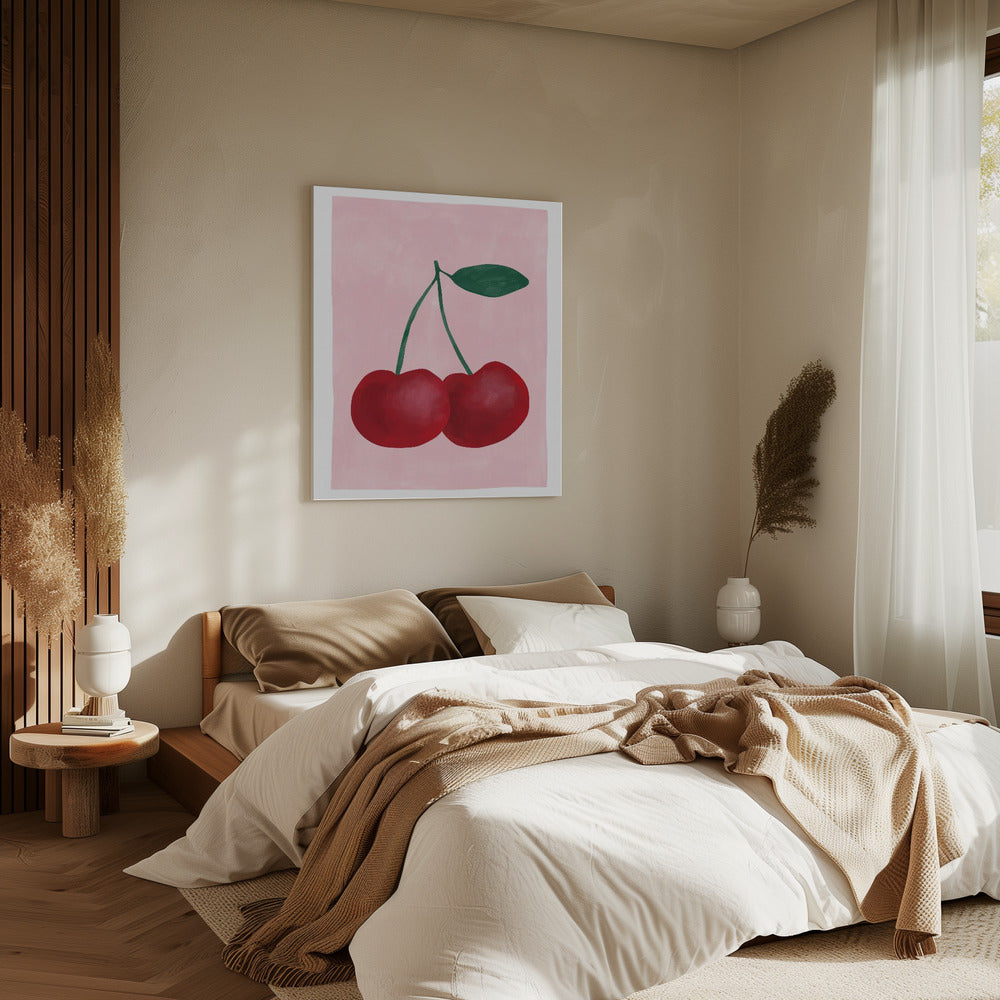 Red Cherries with a Green Leaf | Canvas