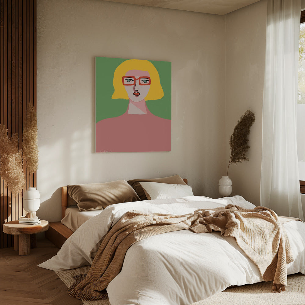 Dame mit goldenem Haar und roter Brille | Leinwand