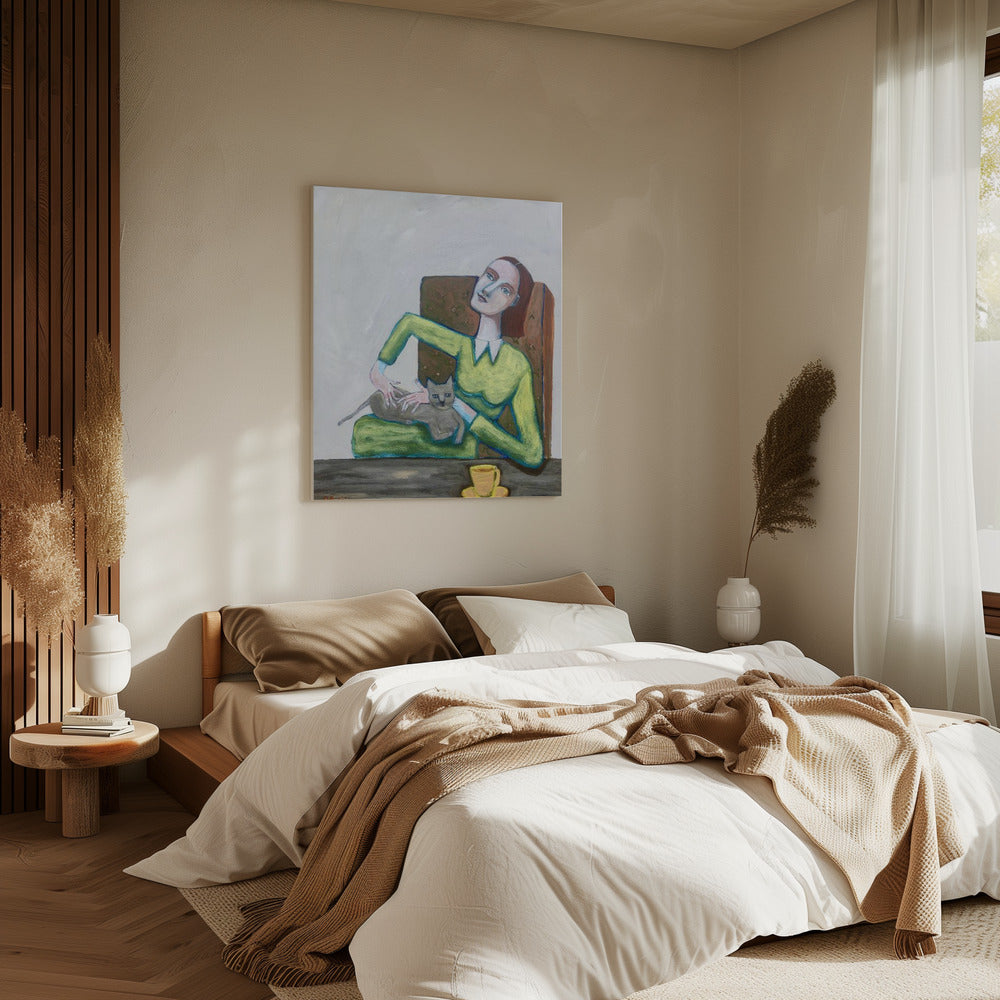Dame kitzelt graue Katze im Stuhl | Leinwand