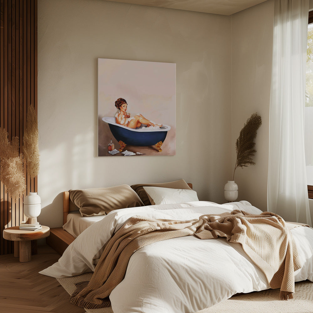 Badewannengetränke: Pinup-Girl trinkt im Badezimmer | Leinwand