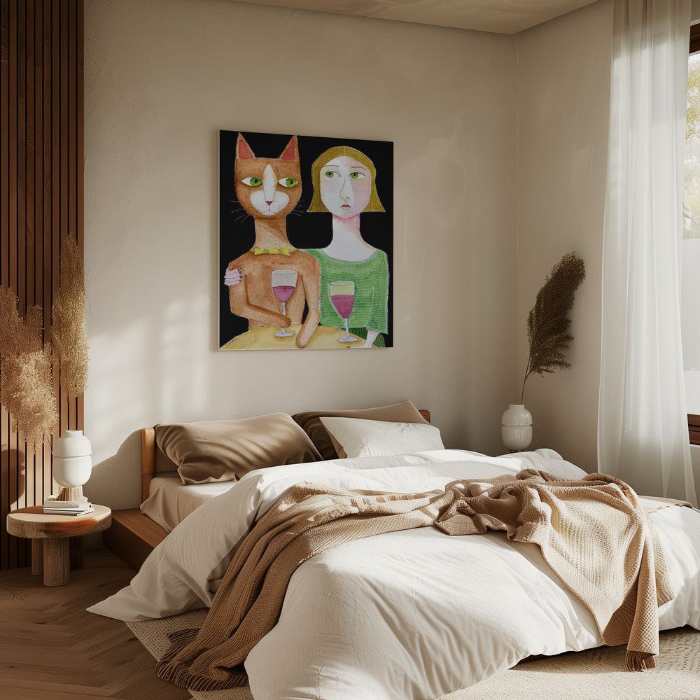 Beste Freunde Katze und Dame trinken Wein | Leinwand