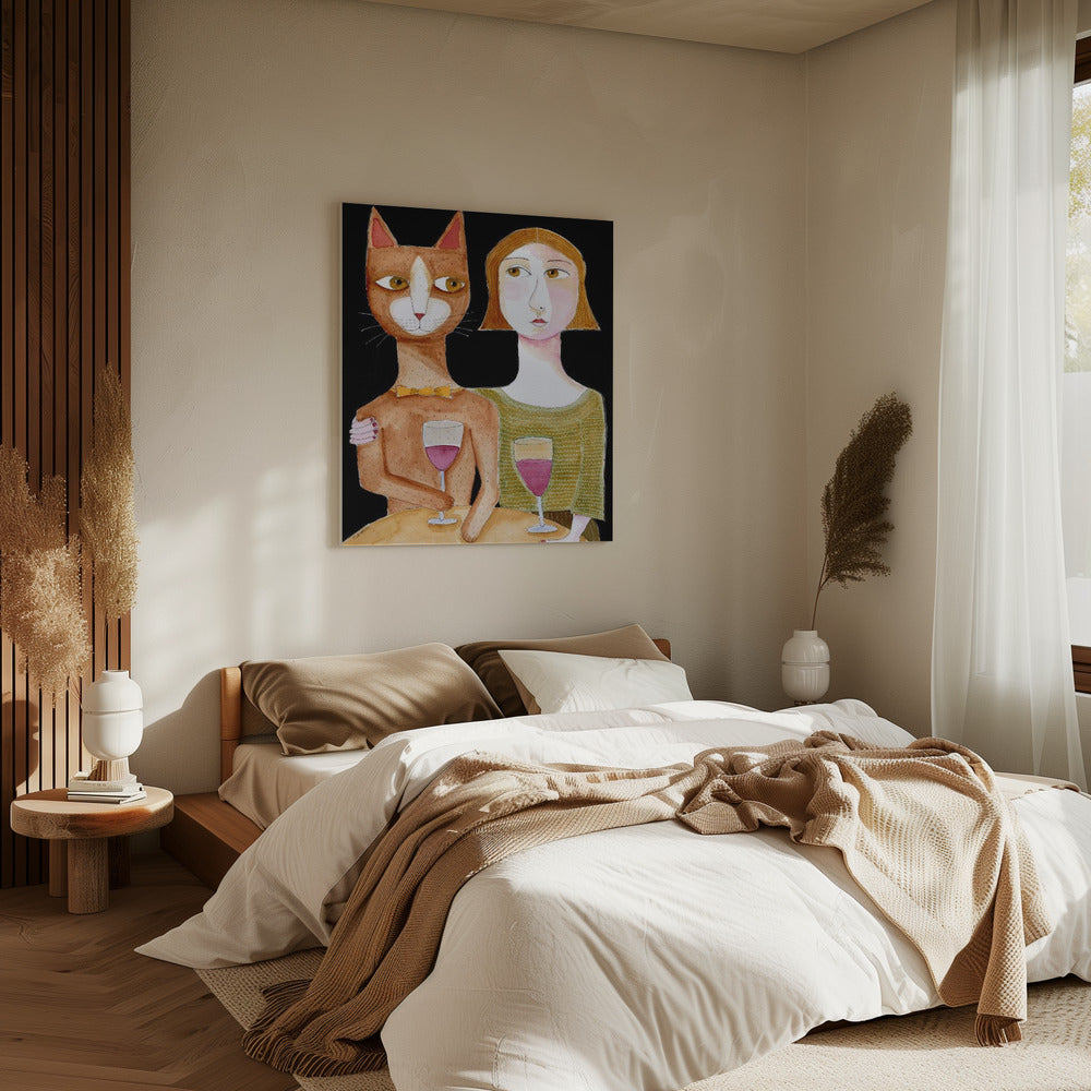 Beste Freunde Katze und Dame trinken Wein | Leinwand