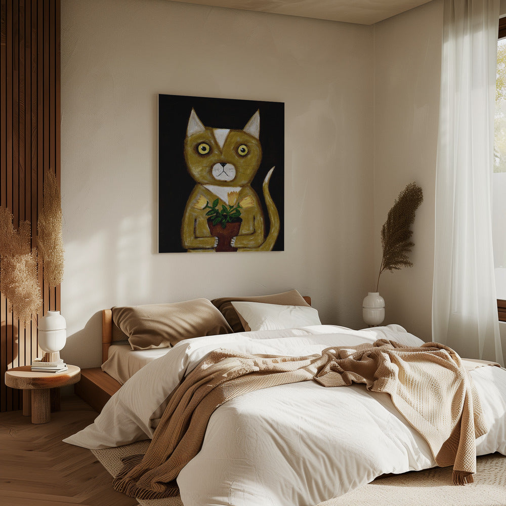 Topfpflanze Katze schwarzer Hintergrund | Leinwand