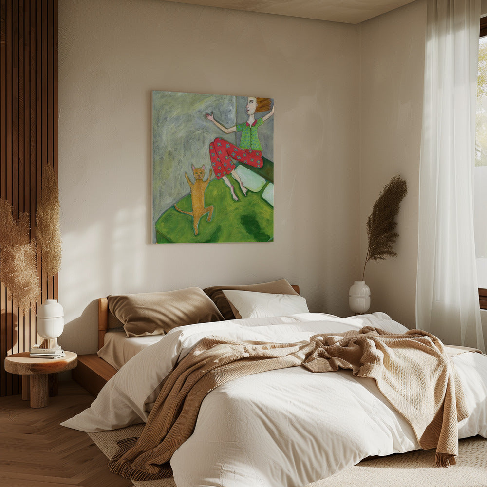 Katzenliebhaber springt fröhlich | Leinwand