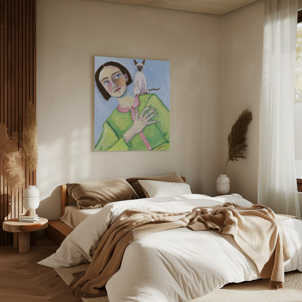 Mädchen mit Katze auf der Schulter | Leinwand