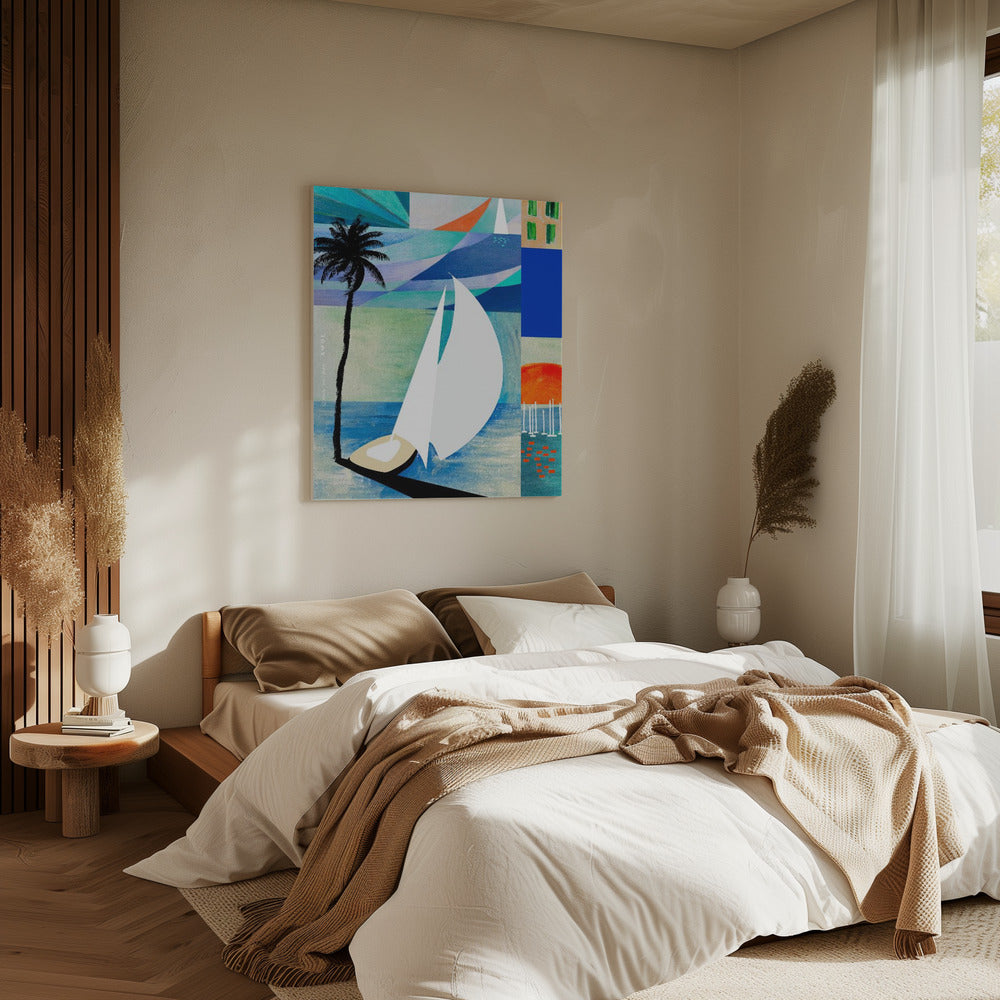 Farbenfroher mediterraner Reisekunstdruck mit Sonnenaufgang und Palme | Leinwand