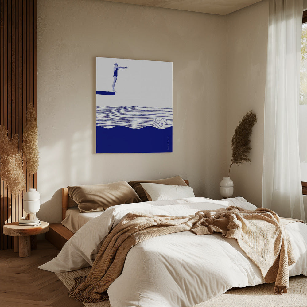 Modern Vintage Beach Wall Art, Nautical Art Print, Woman Swimming In Abstract Sea | Canvas
