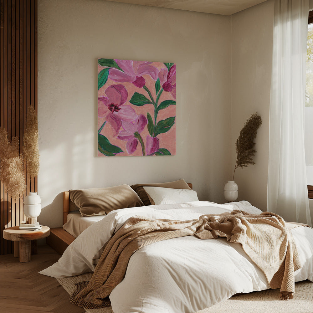Pink Flowers With Bold Green Leaves | Canvas