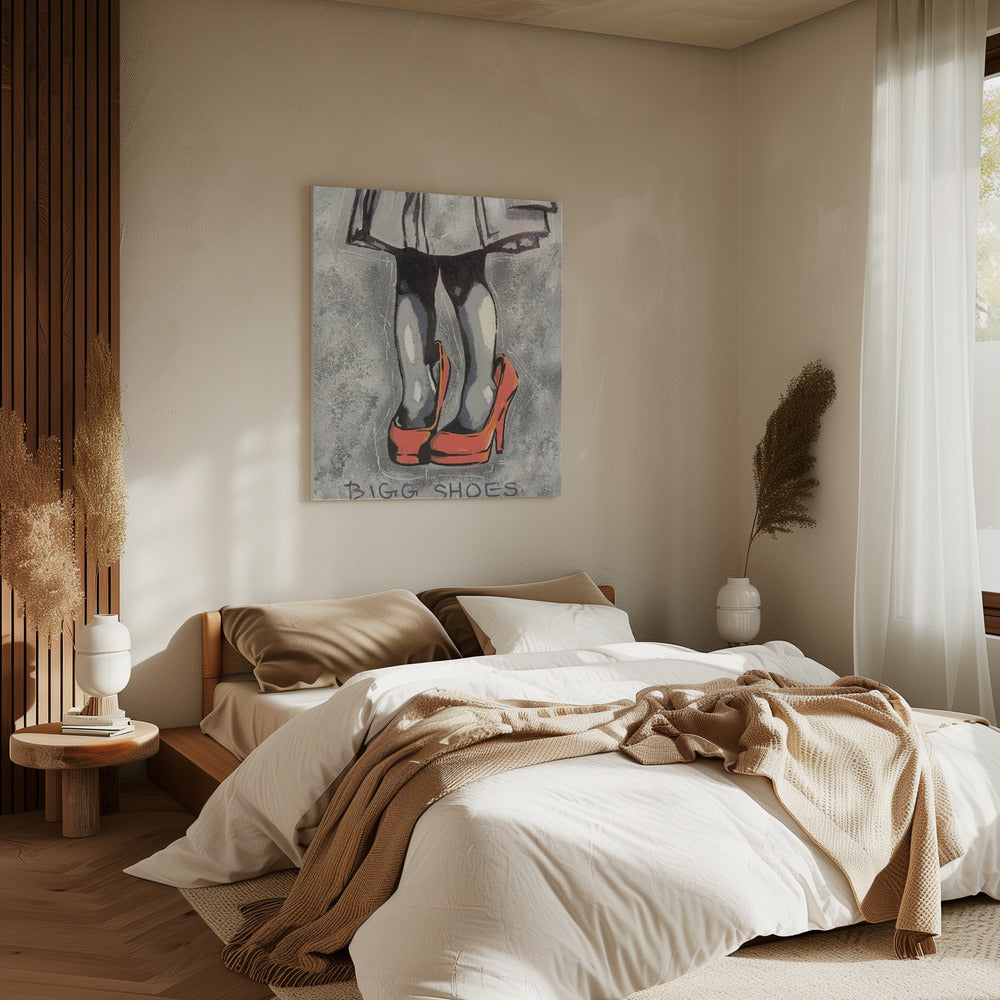 Kind trägt übergroße rote High Heels | Leinwand