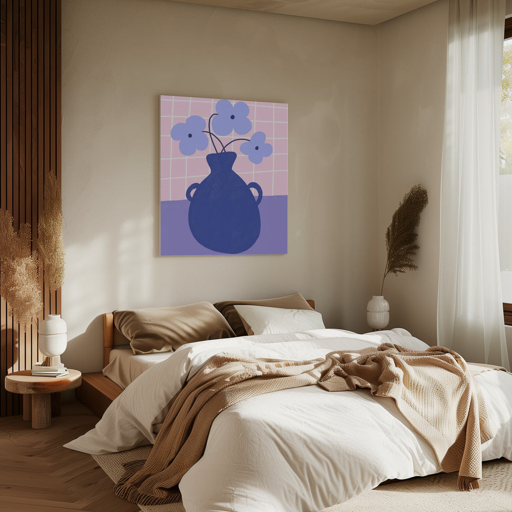 Minimalistische Vase mit blauen Blumen | Leinwand